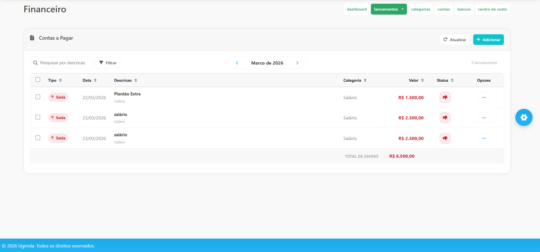 Tela de contas a pagar